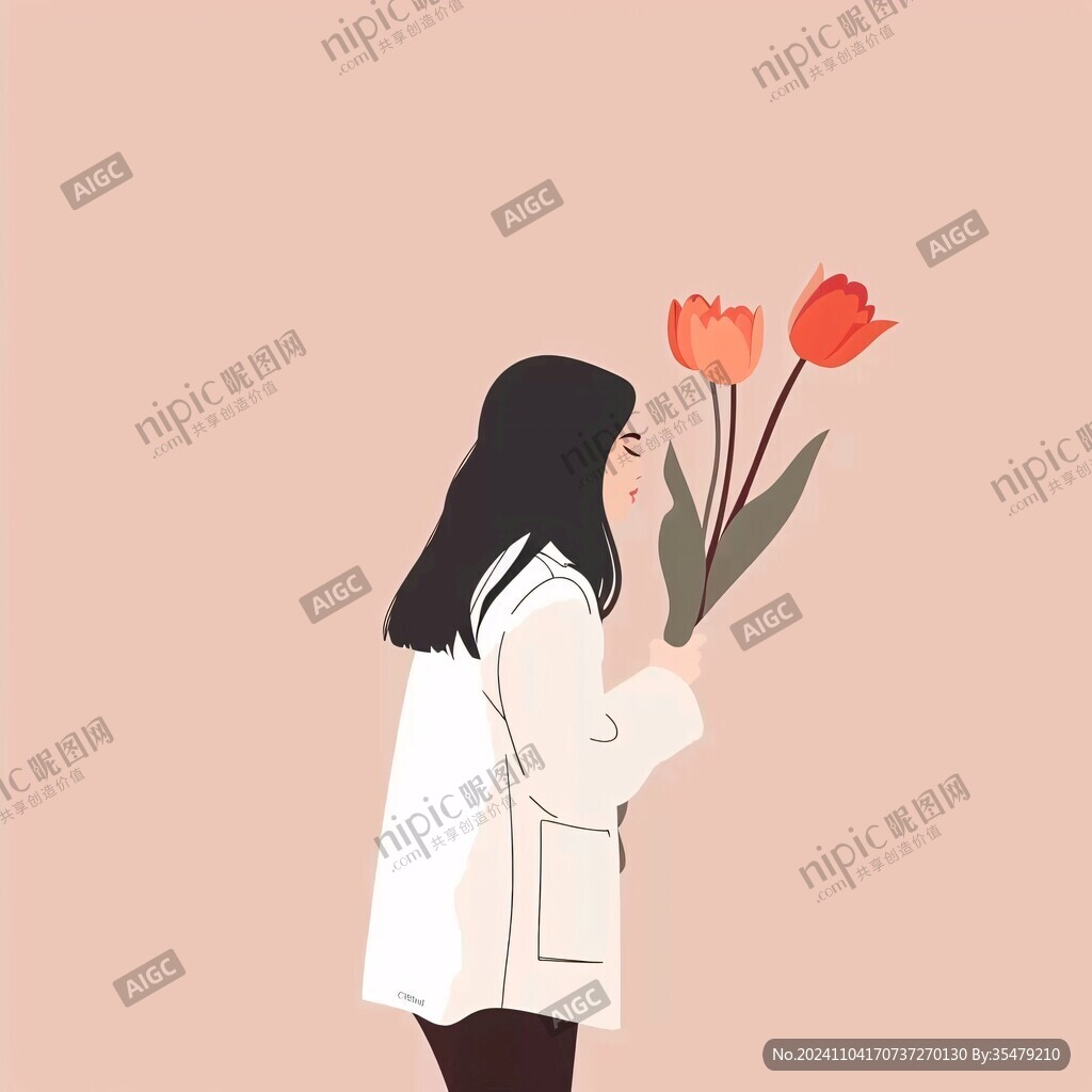 女孩捧花微笑插畫