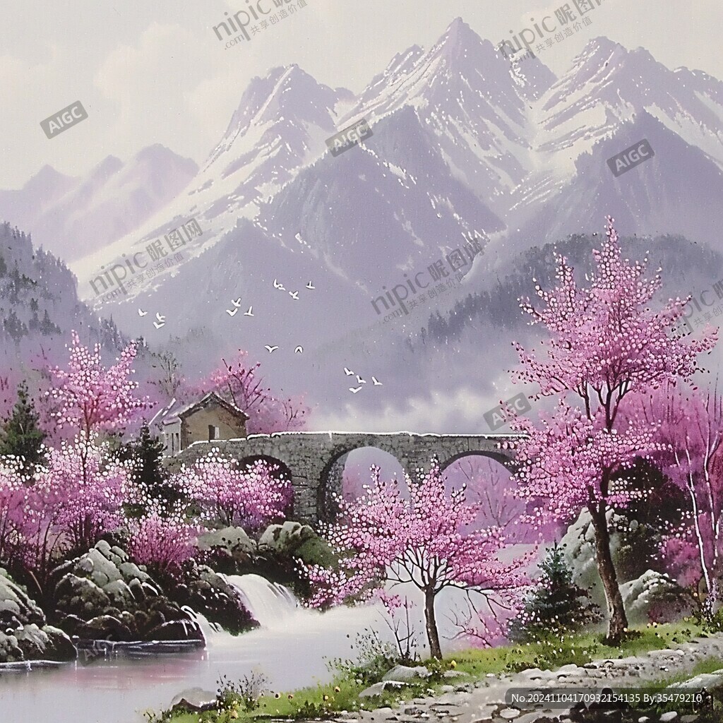 桃花風(fēng)景油畫(huà)