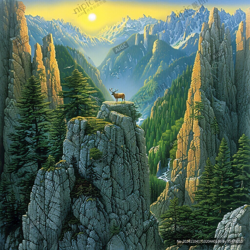 山峰山水畫油畫梅花鹿