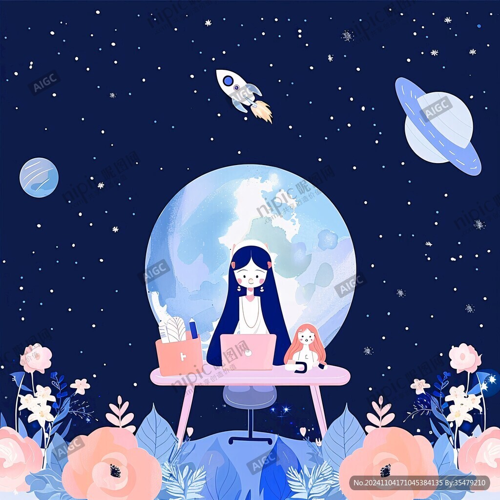 卡通女孩太空插畫(huà)