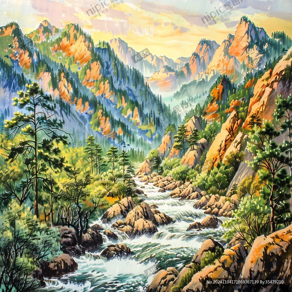 山川手繪油畫