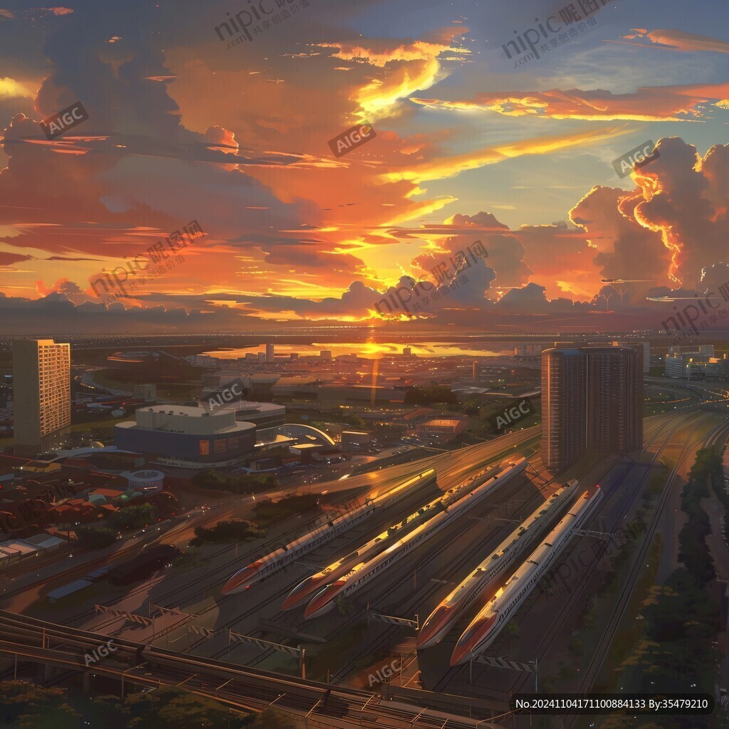 插畫城市夕陽