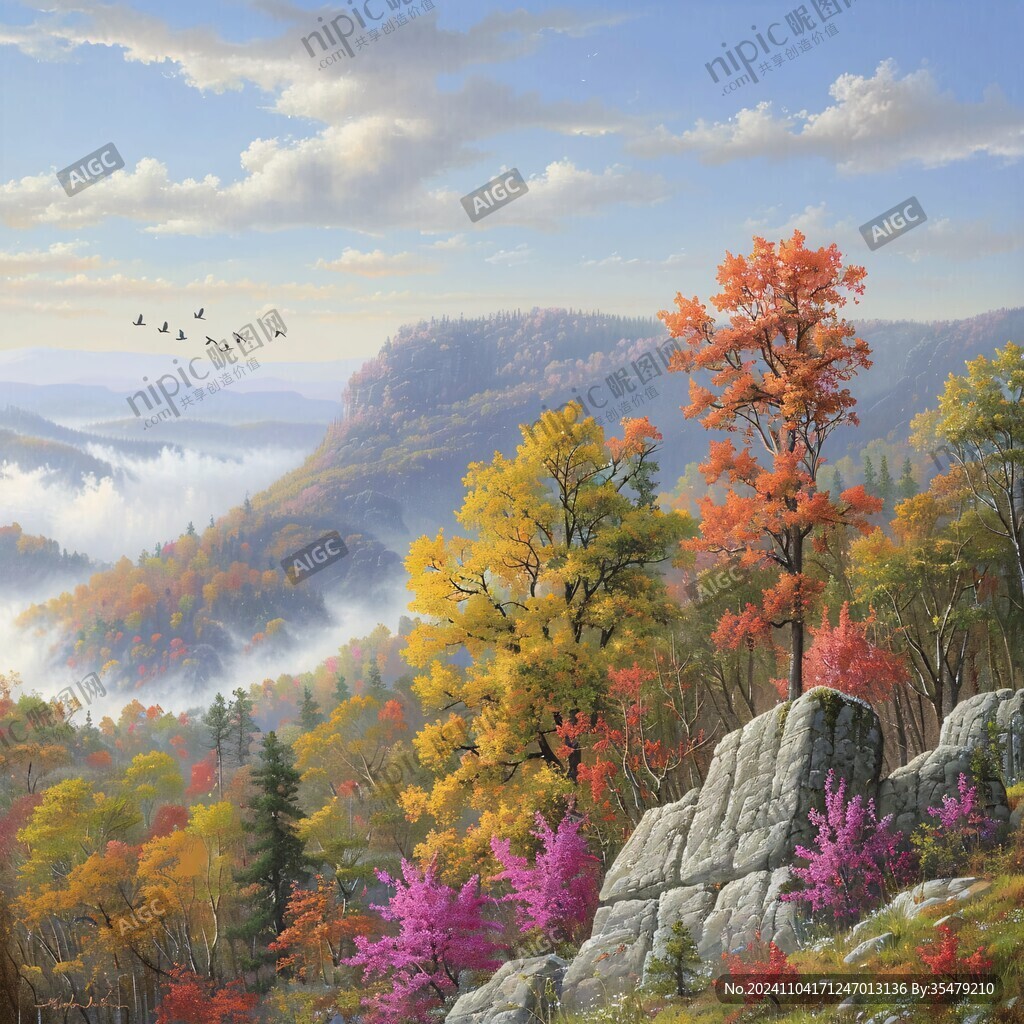 山水秋景油畫