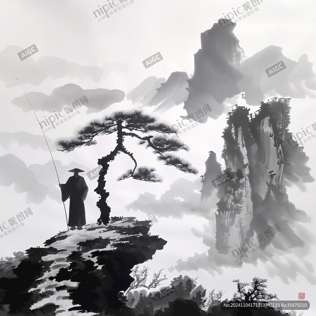 迎客松禪意水墨畫