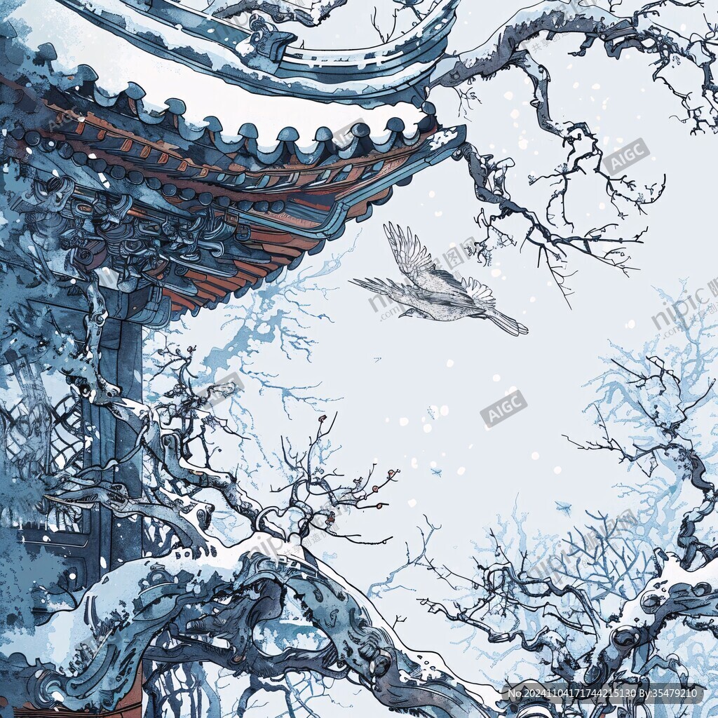 玉蘭花閣樓仙鶴插畫
