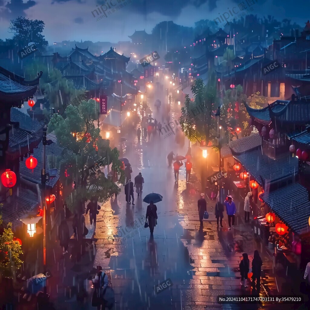 古鎮雨天夜景