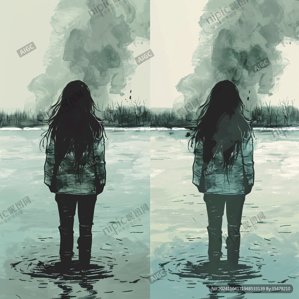 繪長(zhǎng)發(fā)女生落水無(wú)框畫