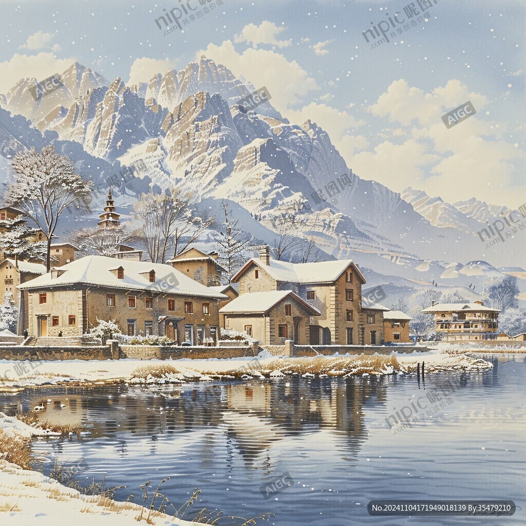 冬天的山村油畫
