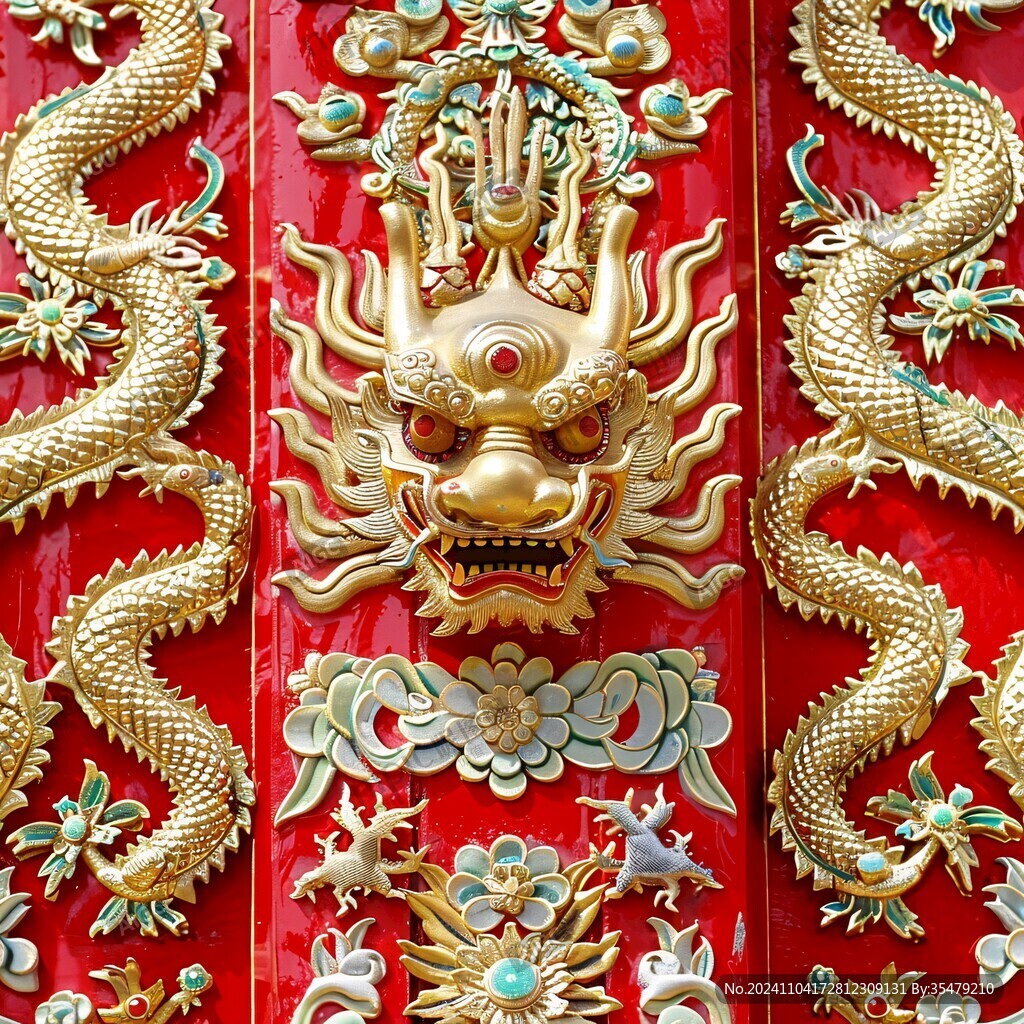 紅漆金色龍紋木門
