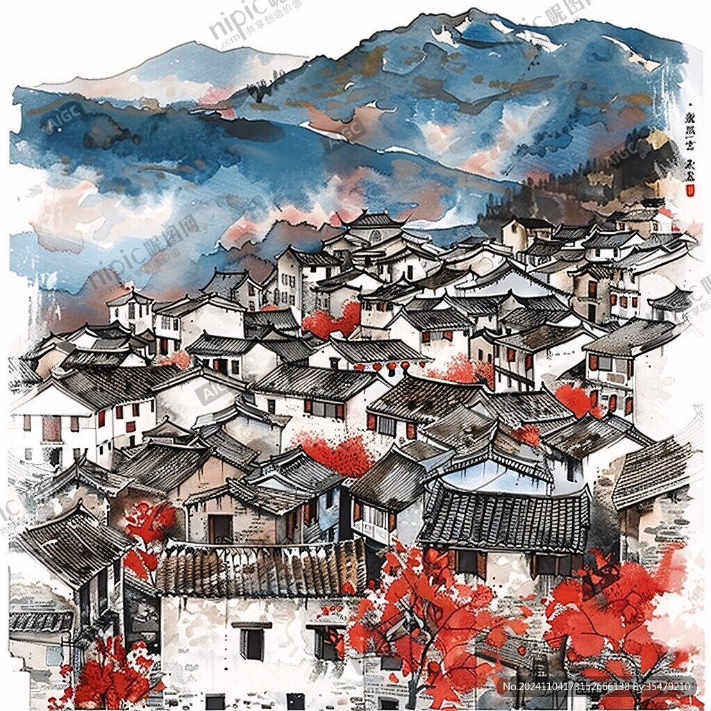 紅色宏村插畫宏村水彩