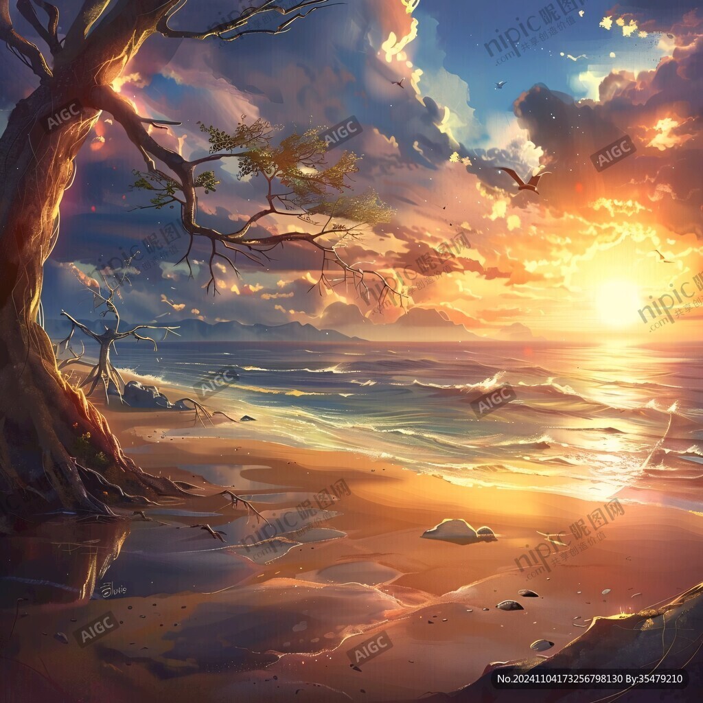 海邊落日插畫
