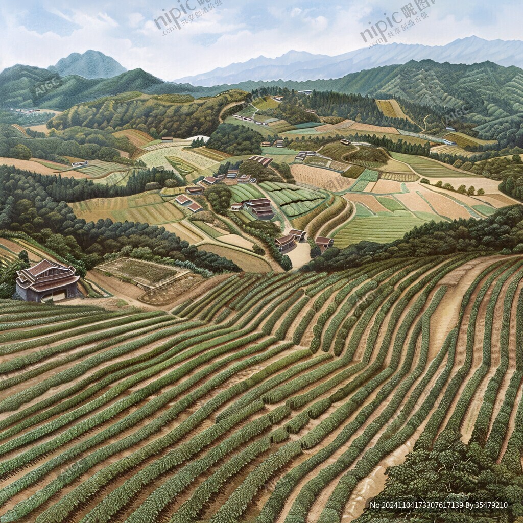 水稻梯田插畫