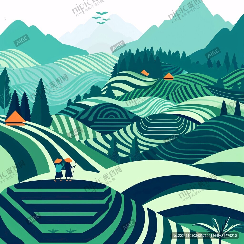 山水茶園插畫