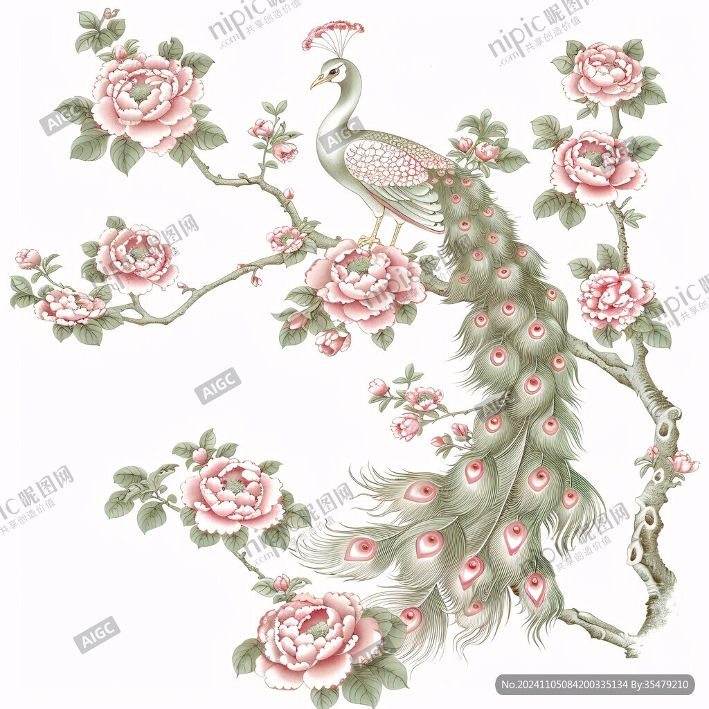 孔雀牡丹花插圖