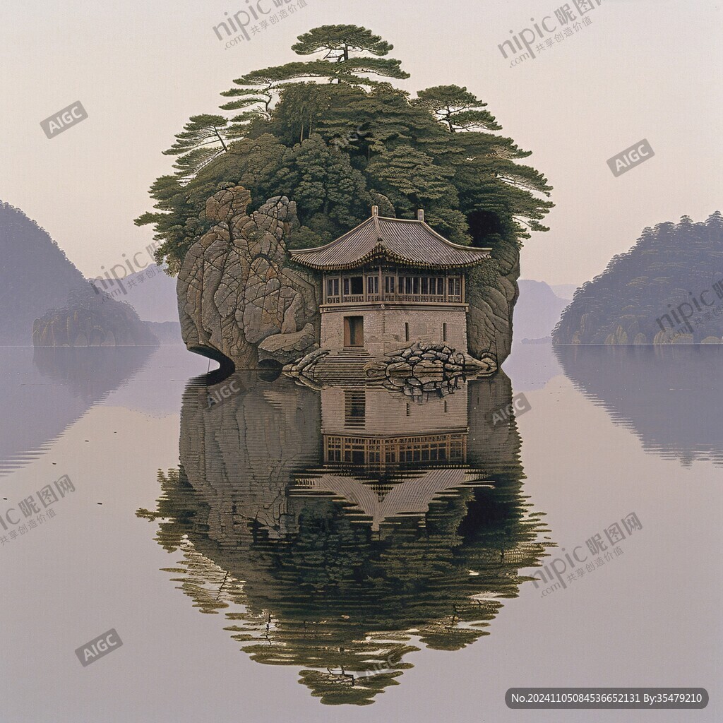 湖泊倒影小島