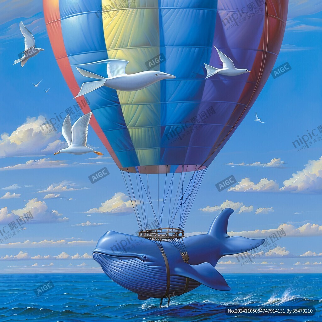 飛翔空中幻想鯨魚插畫