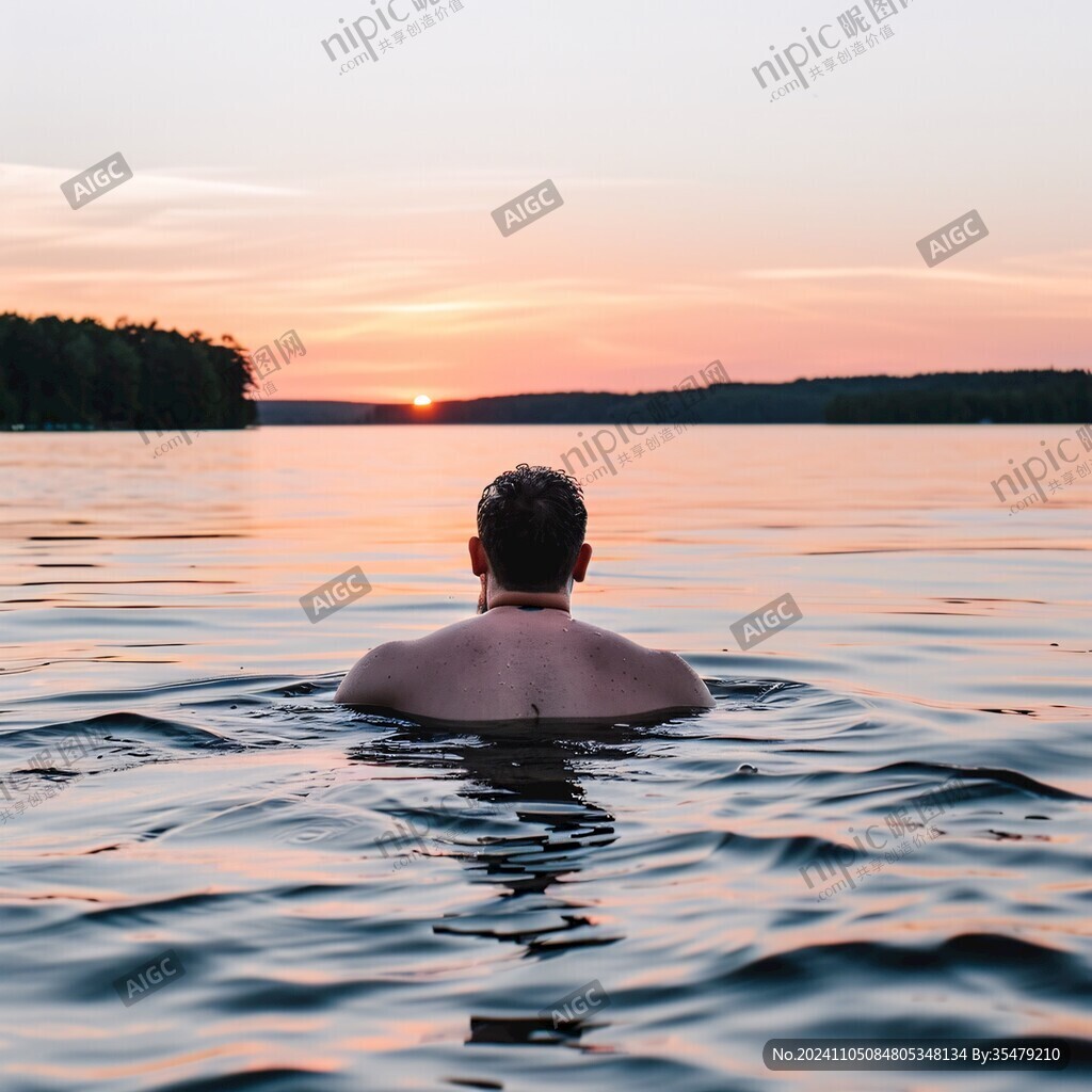 夕陽下游泳的人