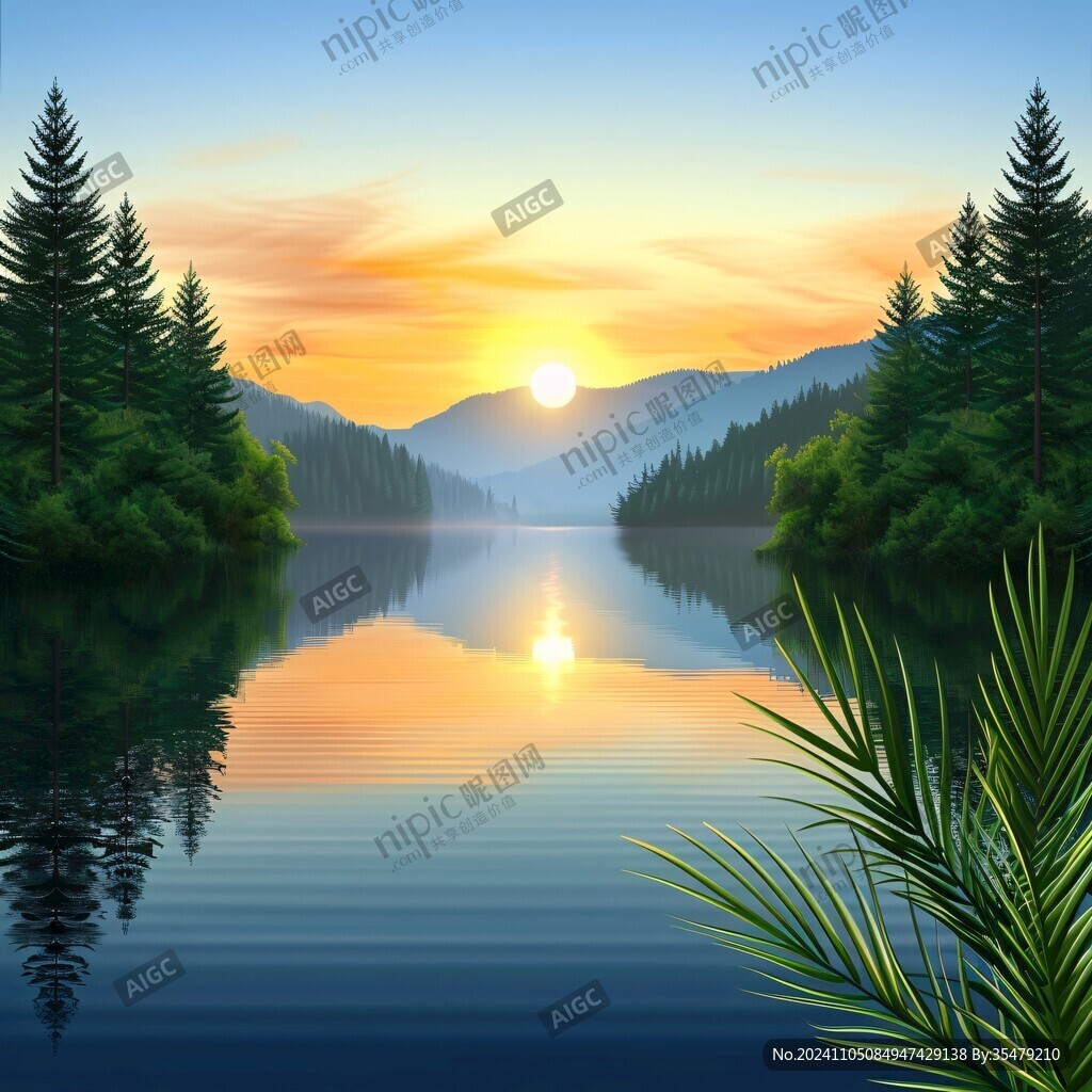 山水夕陽湖泊