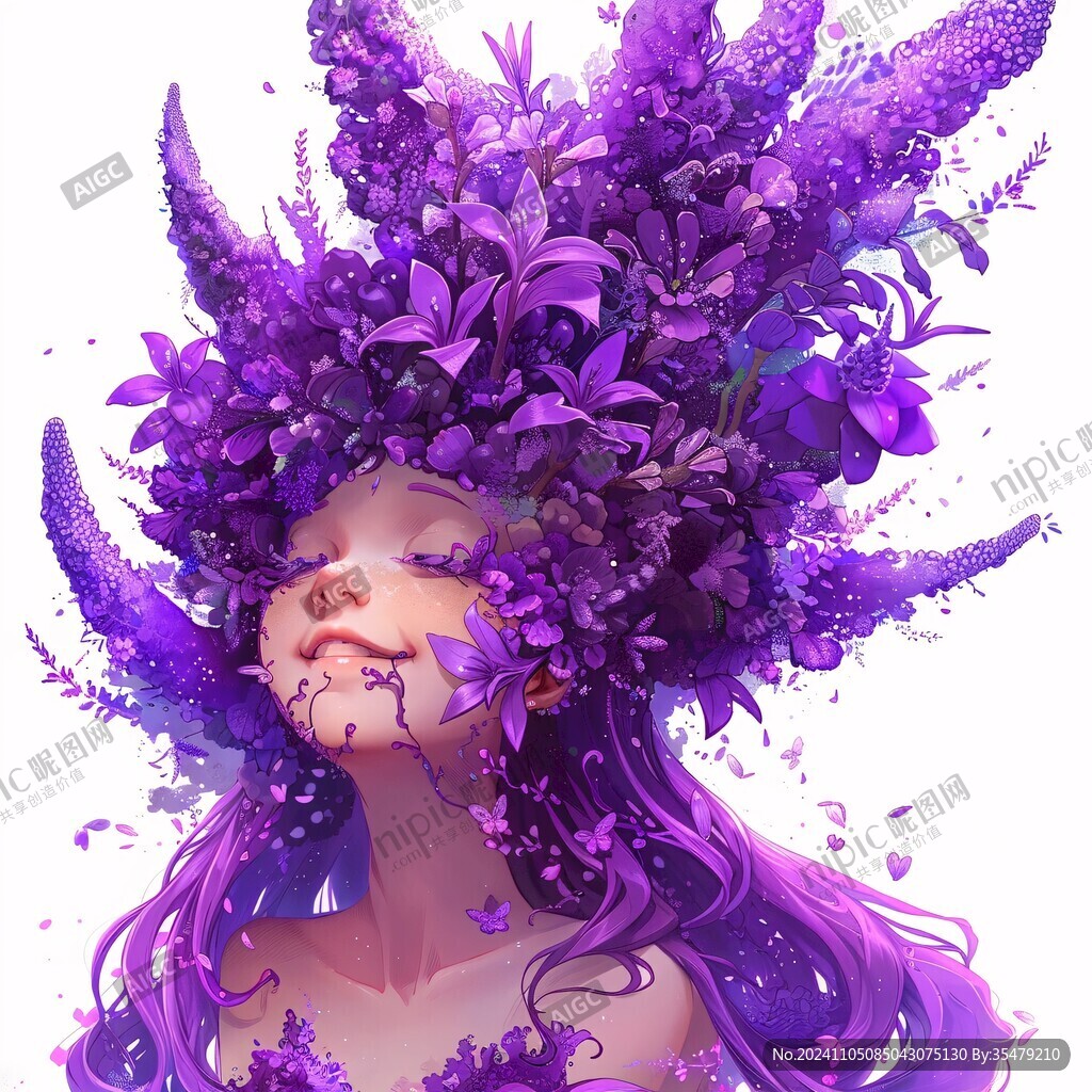 紫發花朵卡通女孩