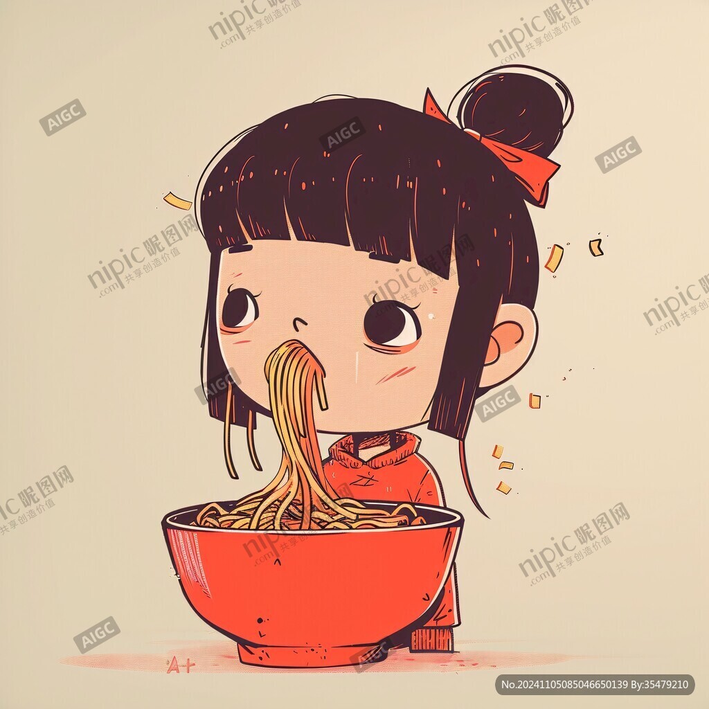 卡通吃面女孩
