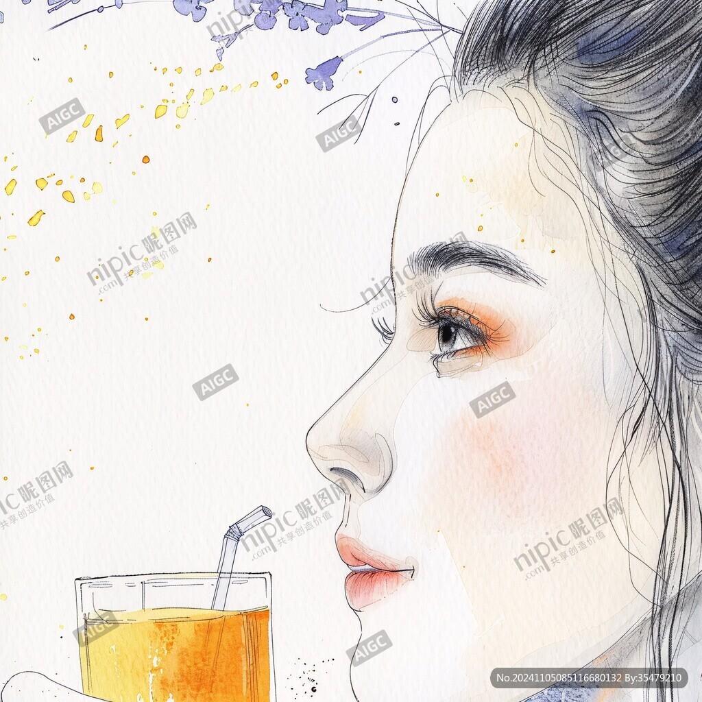 水彩風明信片插畫手繪美女