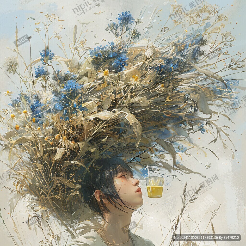 捧花藍(lán)的女孩插畫