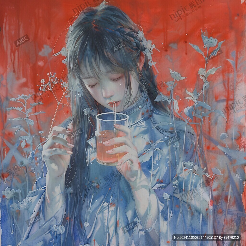 二次元女孩喝奶茶
