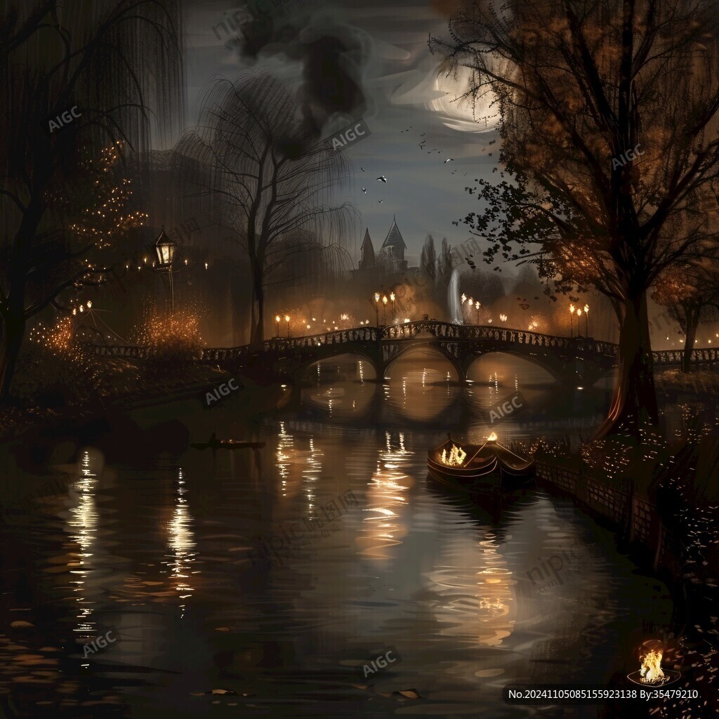 插畫夜景湖泊