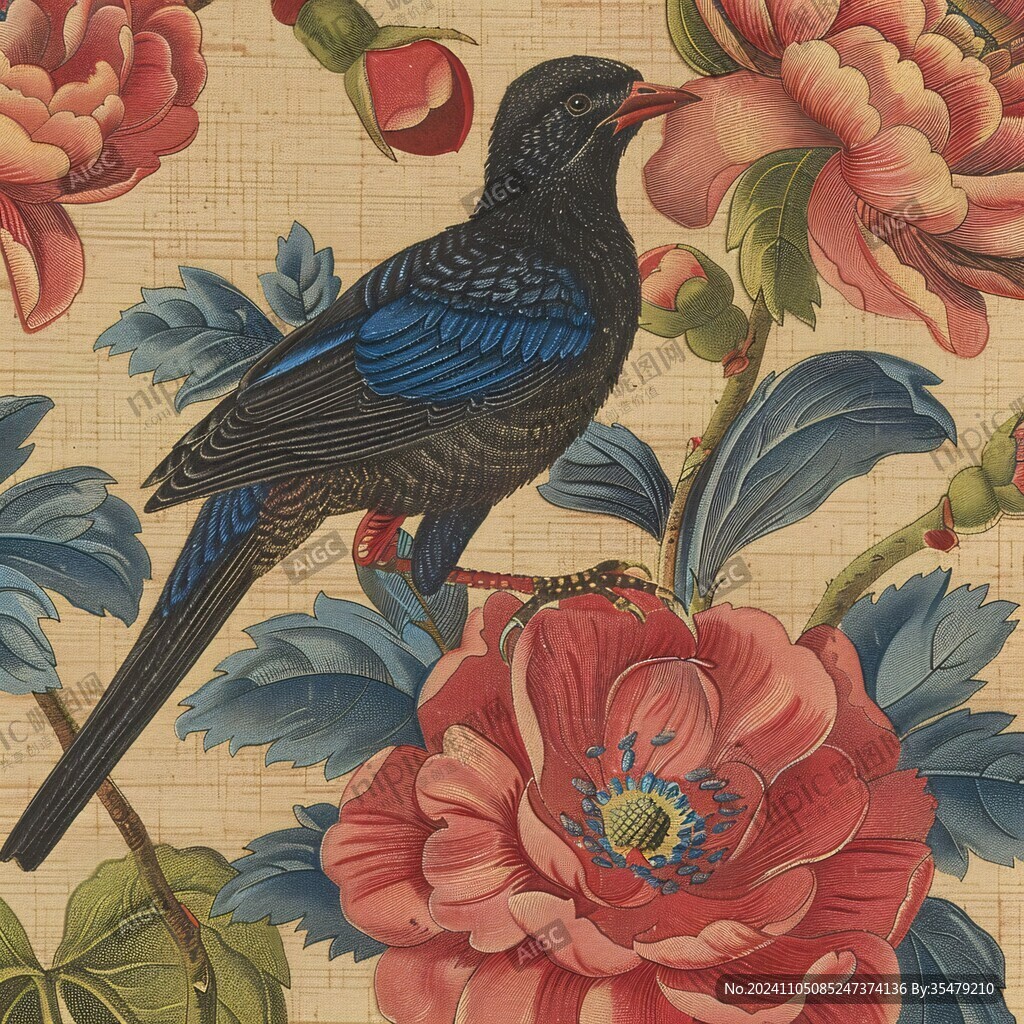 國潮牡丹花鳥
