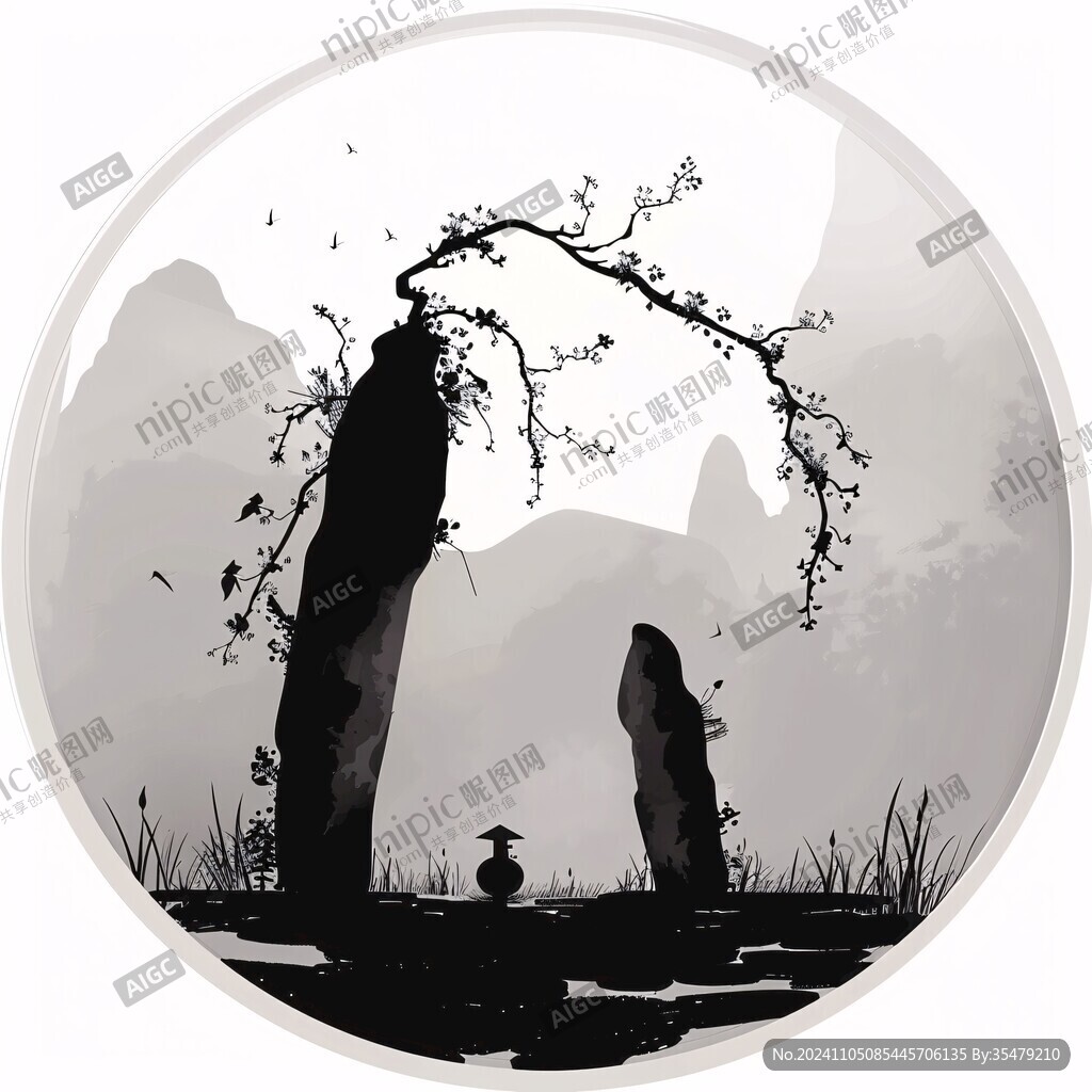 禪意山水圓形框畫