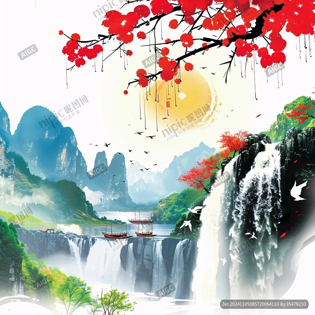 招財瀑布山水畫