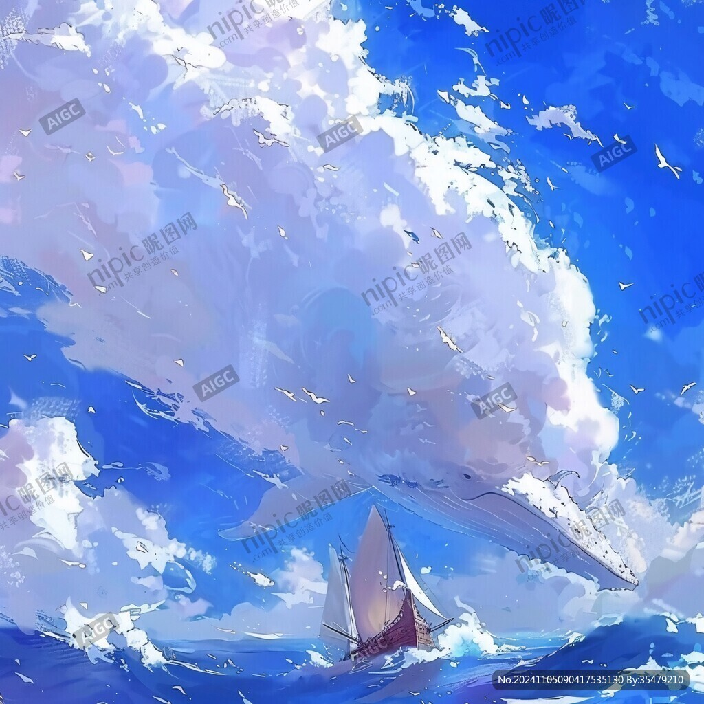 飛翔空中幻想鯨魚插畫