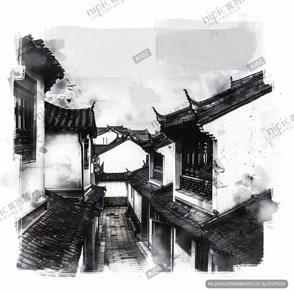 徽派建筑水彩