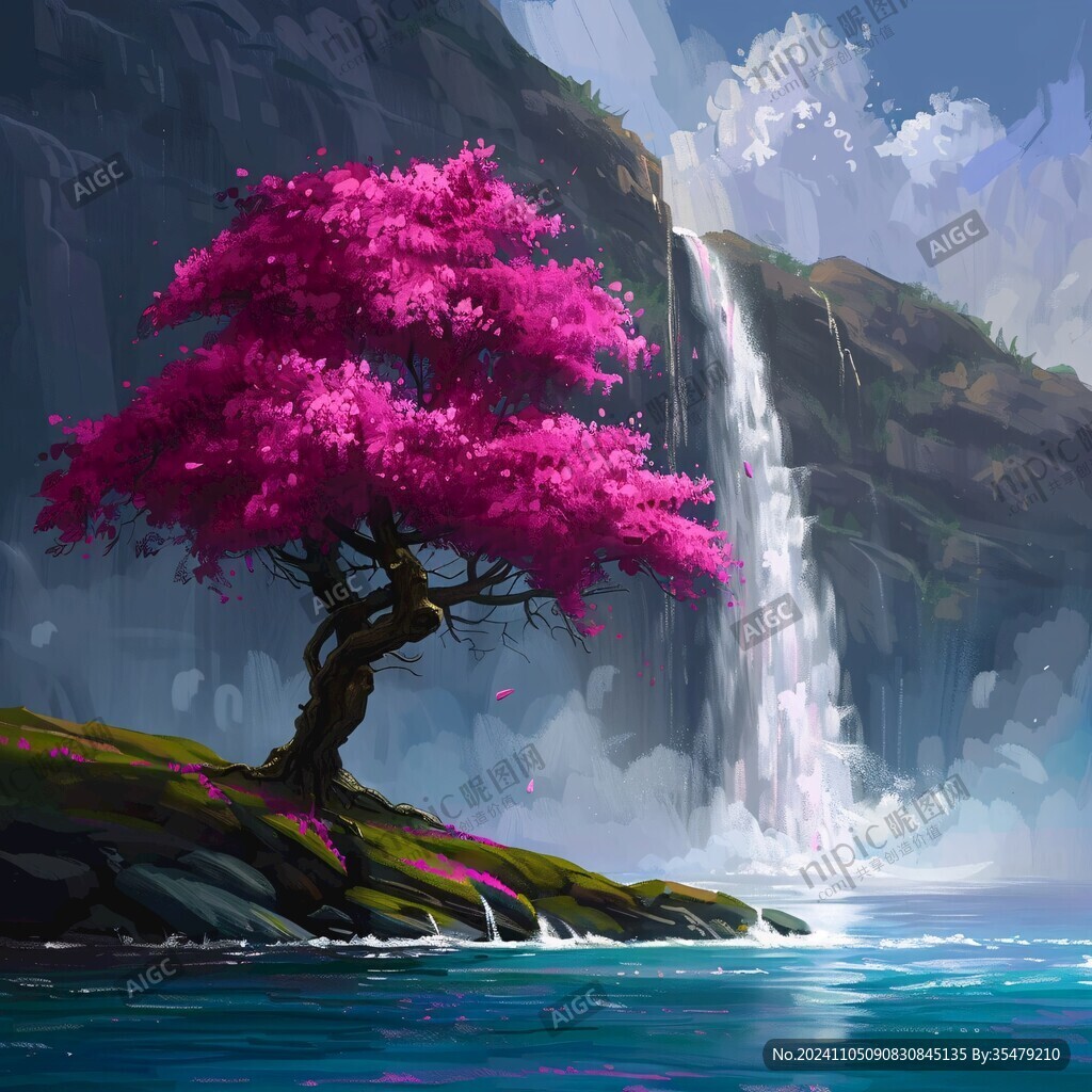 粉色的樹的奇幻超現實景觀