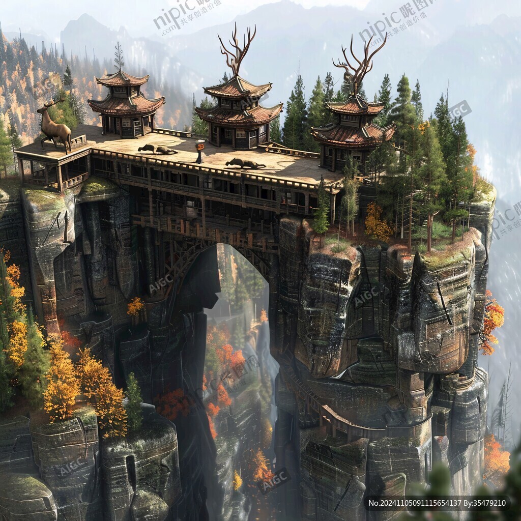 樓閣古風仙鹿仙景