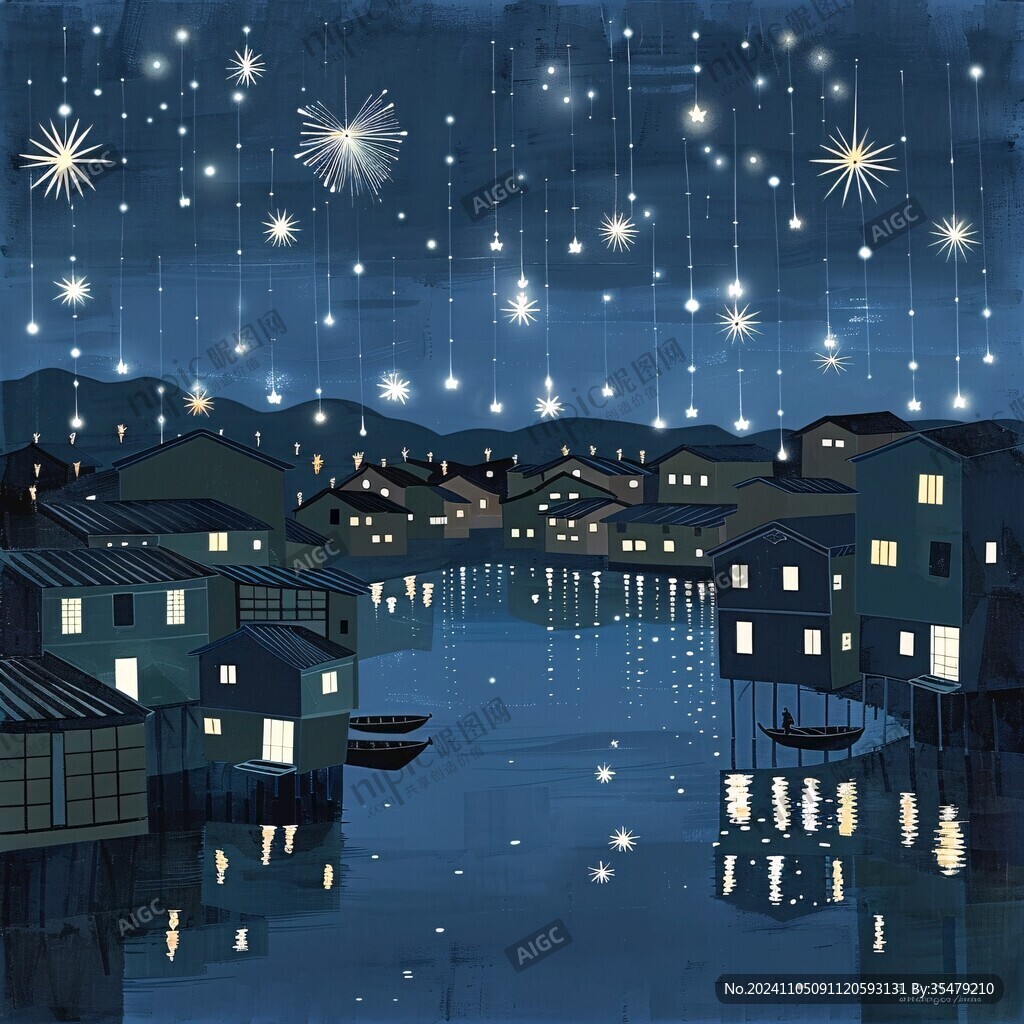 插畫(huà)夜景湖泊