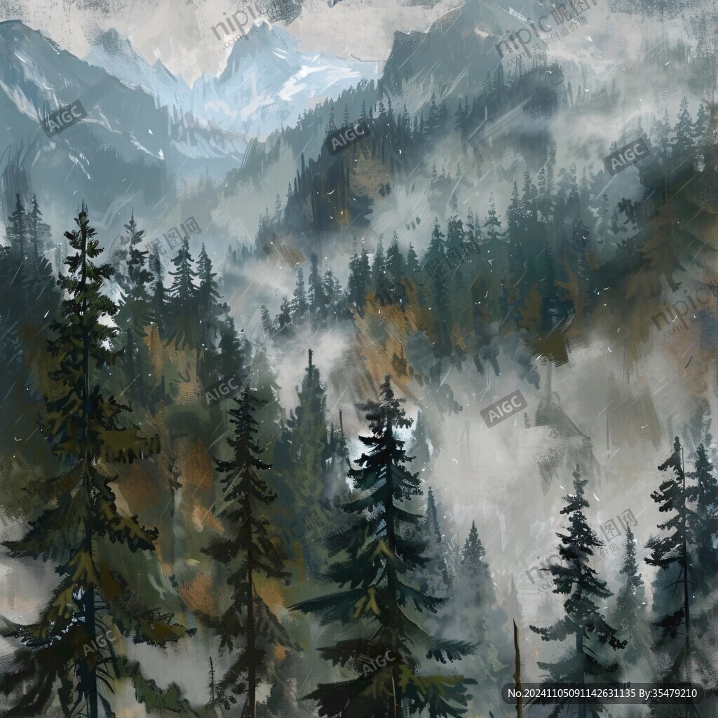 云霧山景畫