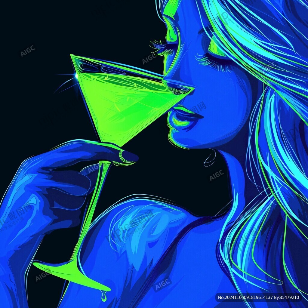 手繪喝飲料美女