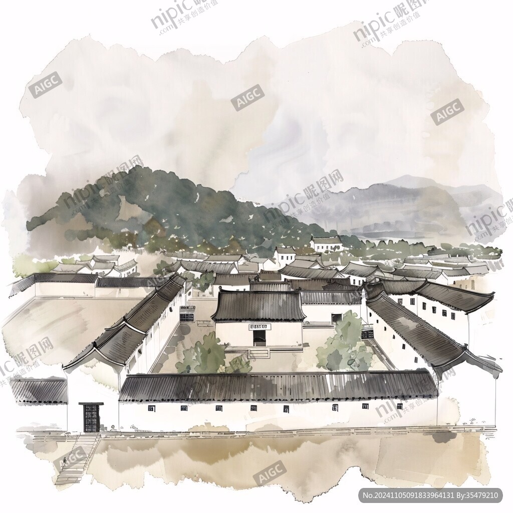 手繪橫店水彩水墨建筑