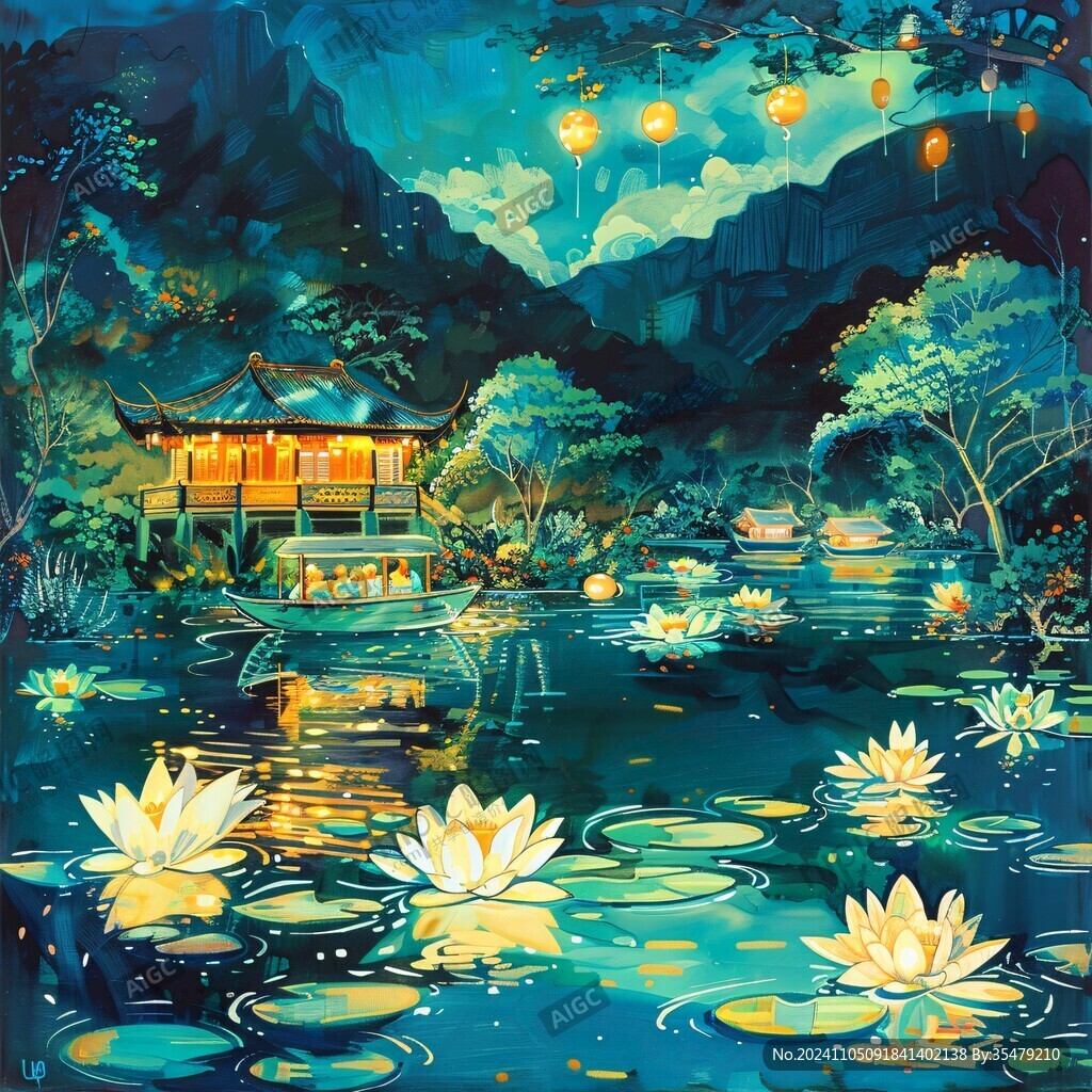 虎溪夜月景點(diǎn)插畫