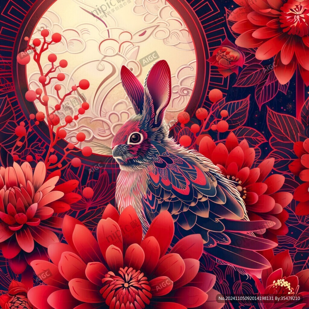 國潮插畫牡丹兔子