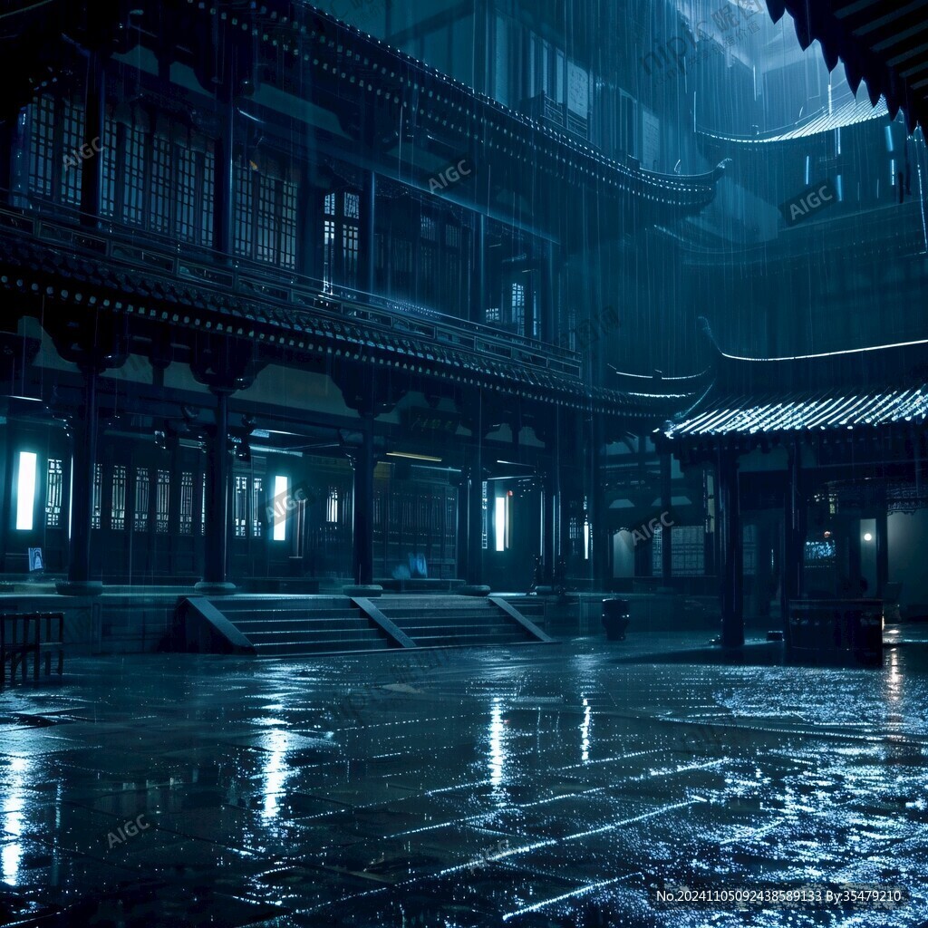 中式古代建筑雨景