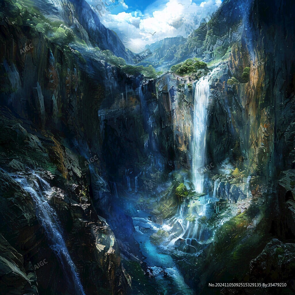 山水風(fēng)景油畫瀑布