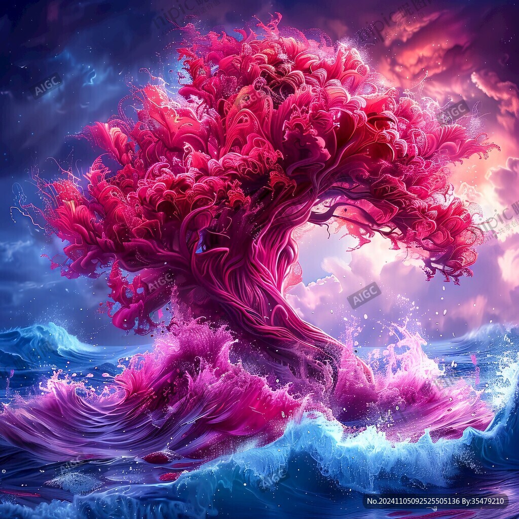 粉色的樹的奇幻超現實景觀