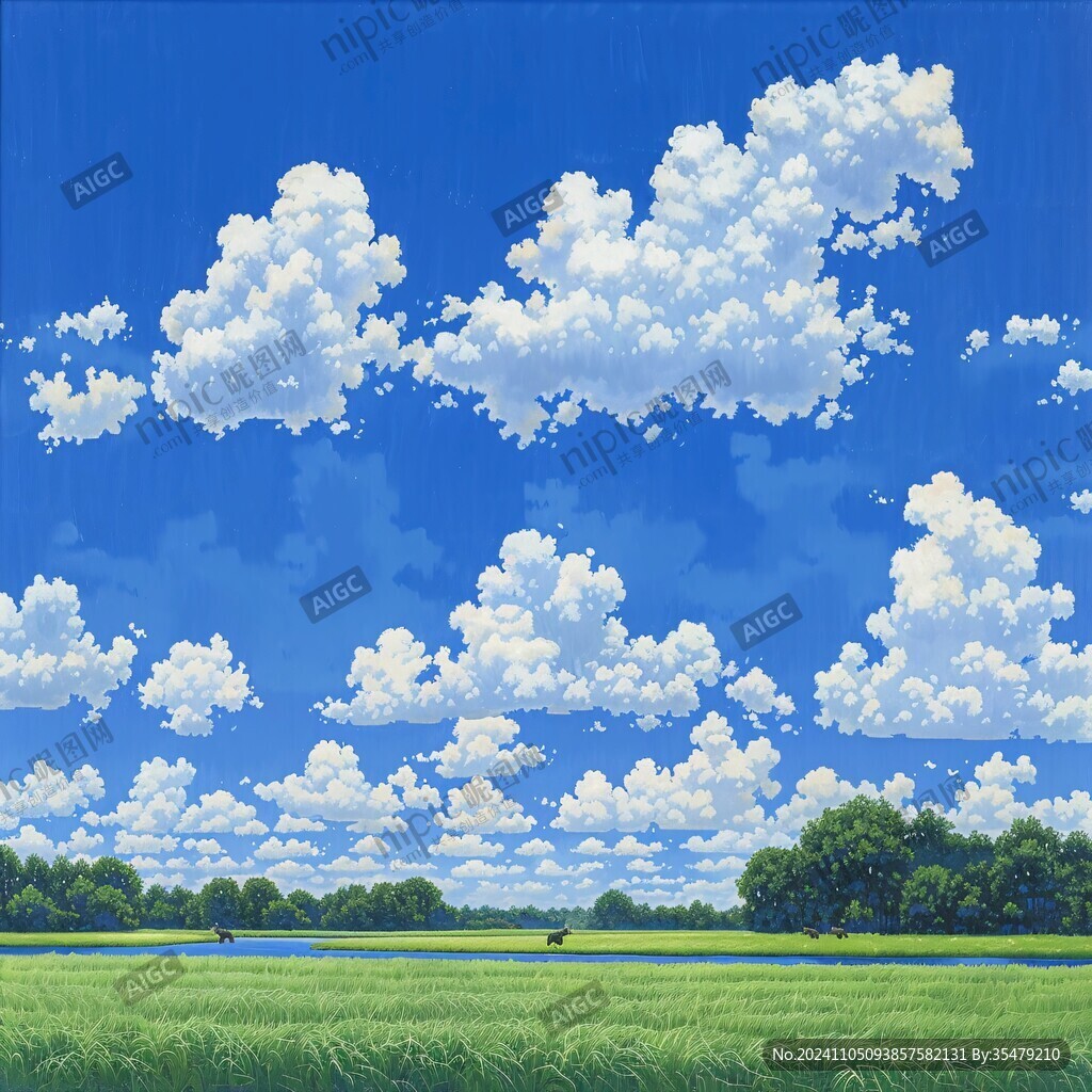 藍天白云綠草油畫