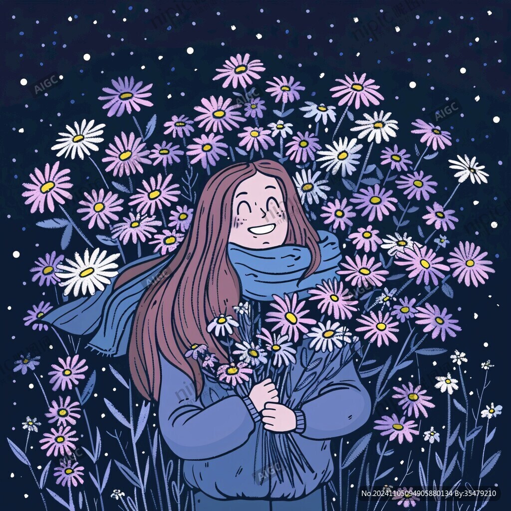 女孩捧花微笑插畫