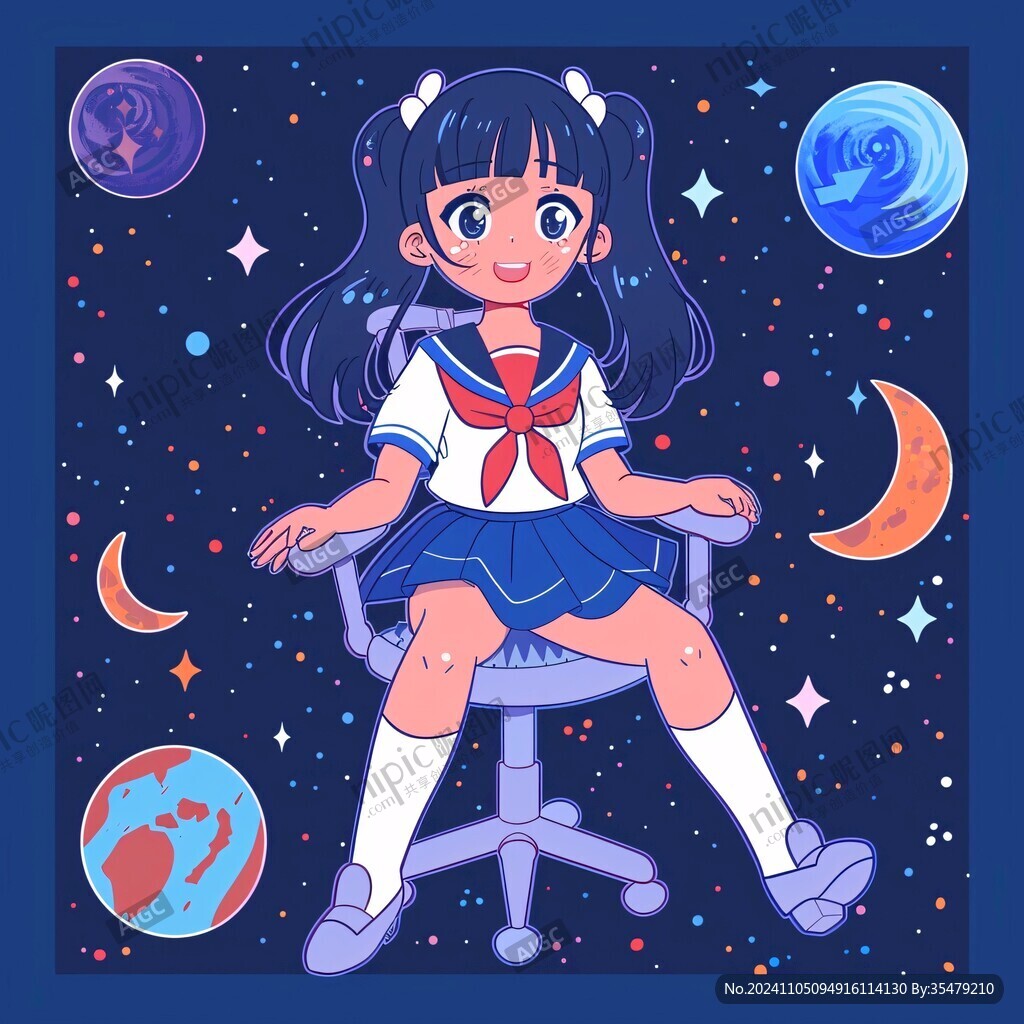 卡通女孩太空插畫