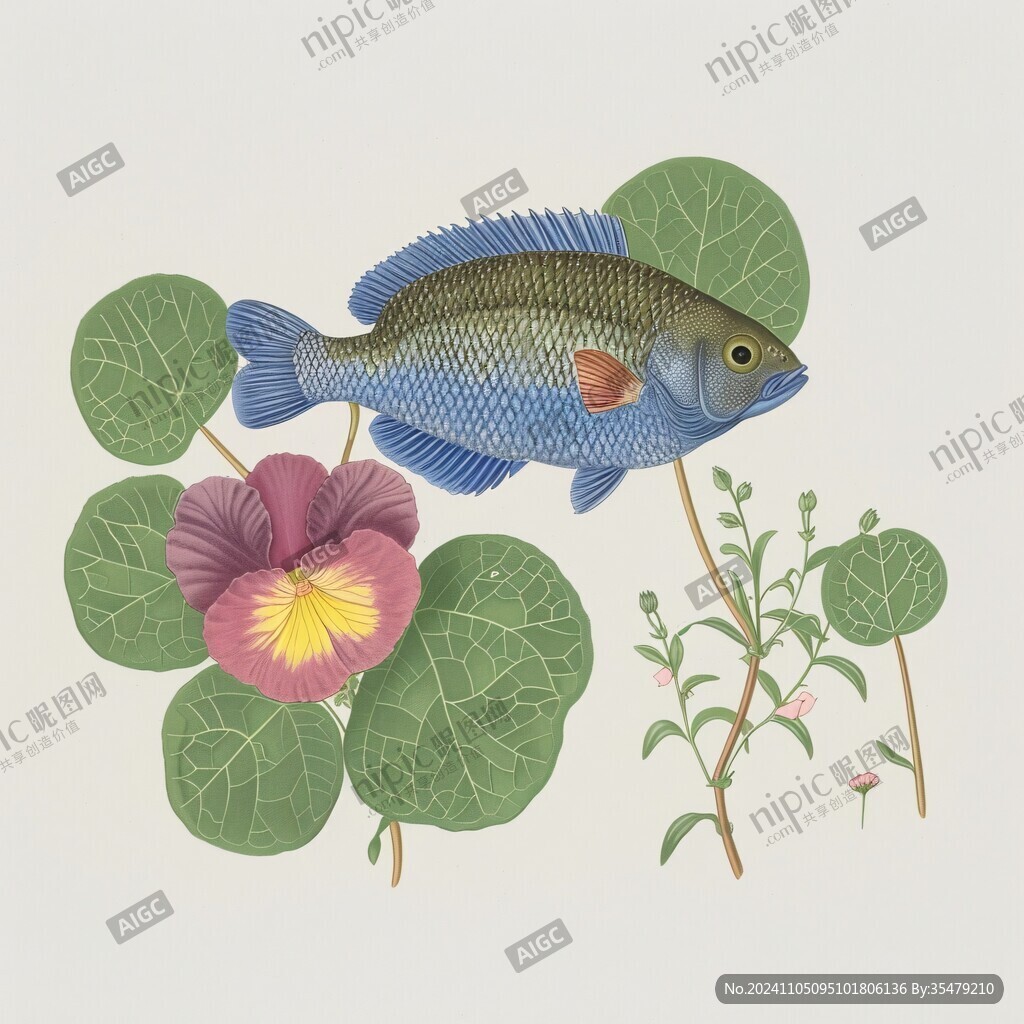 魚缸魚植物插畫