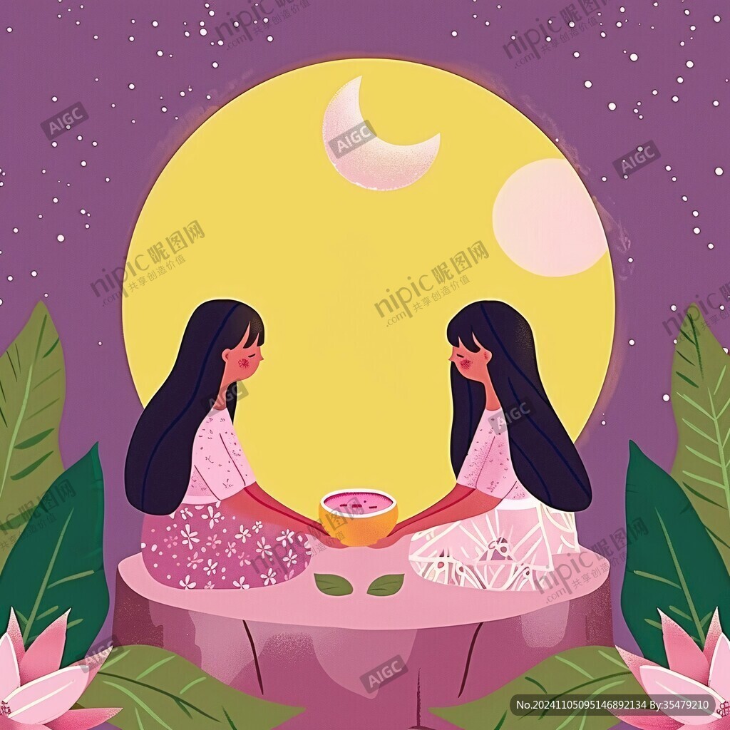 中秋團(tuán)圓人物插畫
