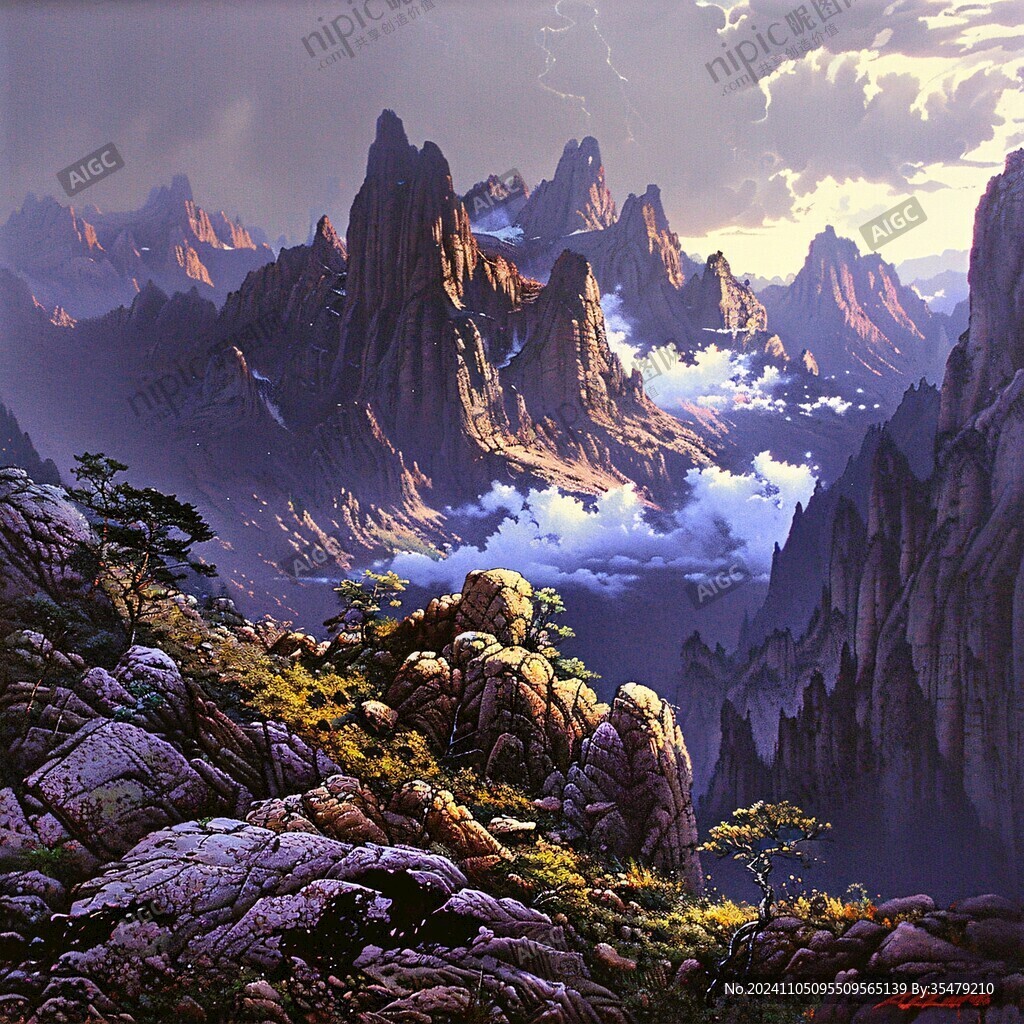 禪境山峰群山國畫油畫